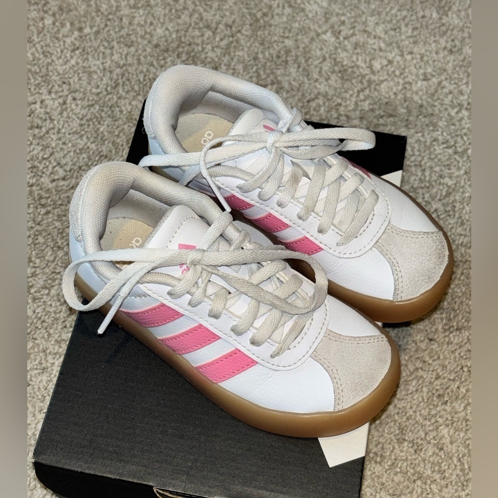 Adidas Kids White and Pink Sneakers with Tan Sole VL Court 3.0 K